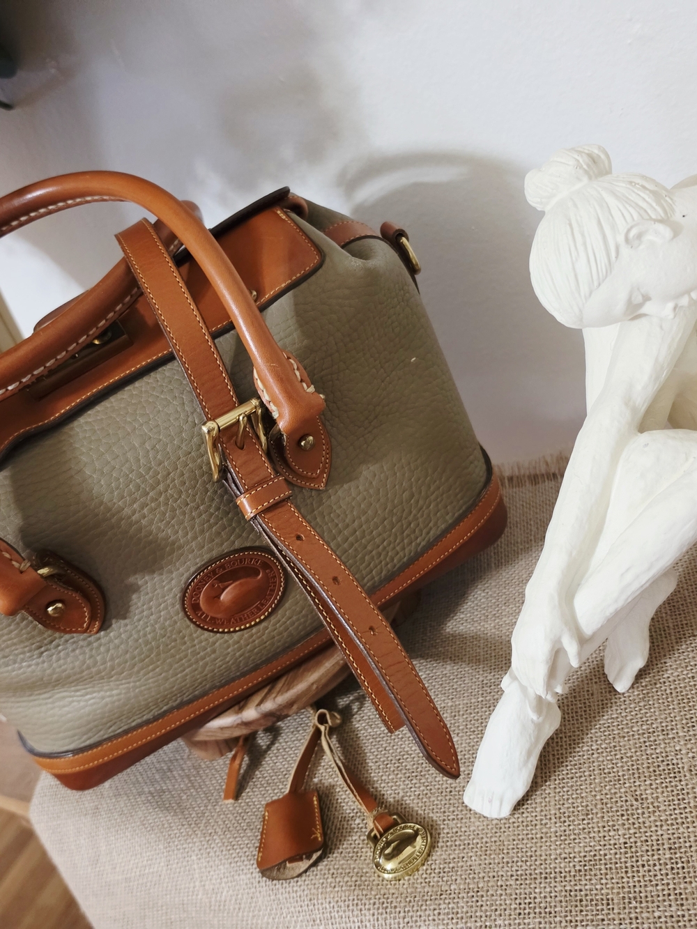 Dooney & Bourke Olive Pebbled Leather Satchel with Tan Trim